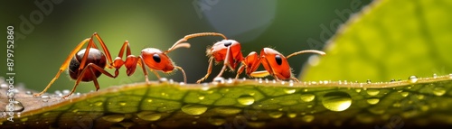 Macro shot of an intense battle between black ants and red ants on a leaf, showcasing the stark contrast and dynamic action photo