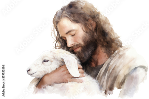 Calming watercolor of Jesus holding a lamb, symbolizing His role as the Good Shepherd, painted in soft, nurturing hues. Isolated on white background