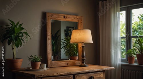 Cozy rustic wooden dresser with illuminated table lamp and decorative mirror, surrounded by potted green houseplants near a sunlit window with white curtains, creating a warm