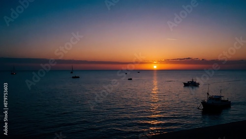 Boats at sunset on a calm sea. © M. SYAHRIL