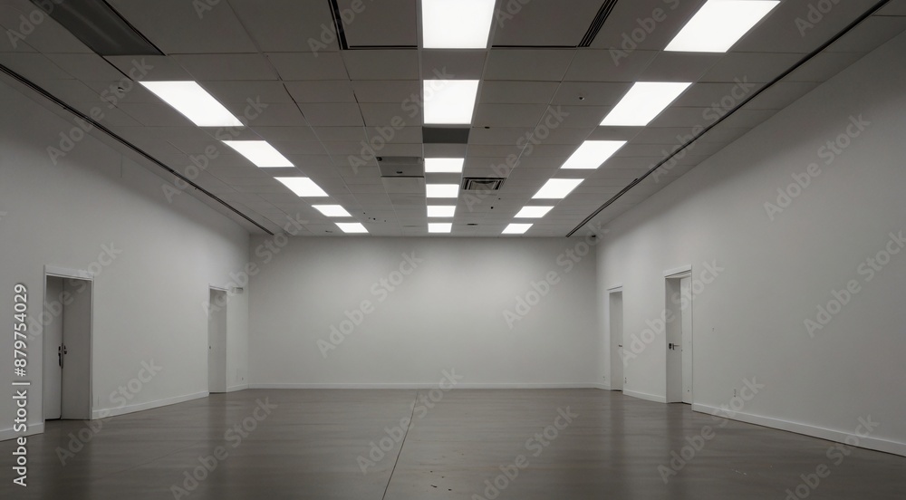 Obraz premium Empty modern white room with bright rectangular ceiling lights and dark floor, featuring multiple closed white doors, ideal for commercial interior design or event space concepts.