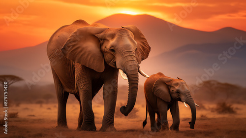 majestic elephants family walking in the savanna during sunset