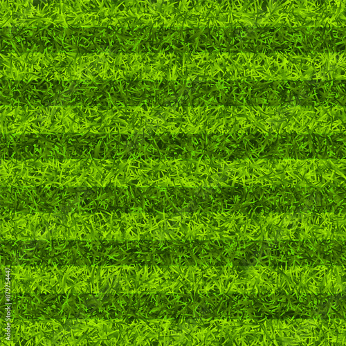Soccer playing field with green grass. Football pitch background with stripes. Sports ground, stadium with fake or natural grass. Vector illustration