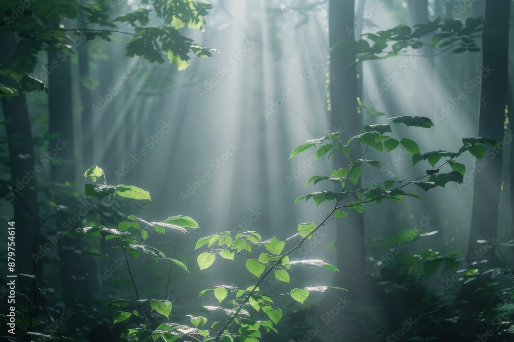 Sun rays pierce through dense forest foliage casting intricate shadows on the forest floor, creating a mystical and ethereal atmosphere Sun rays pierce through dense forest foliage casting intricate shadows on the forest floor, creating a mystical and ethereal atmosphere