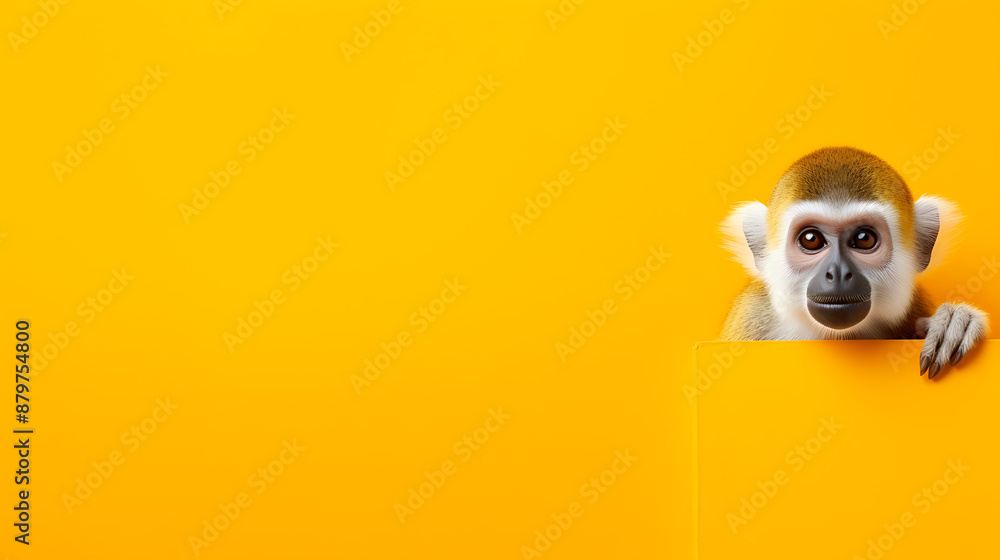 A curious monkey peeks around a bright yellow corner with a mischievous expression, inviting viewers to engage with a playful and vibrant composition that evokes feelings of curiosity and wonder. A curious monkey peeks around a bright yellow corner with a mischievous expression, inviting viewers to engage with a playful and vibrant composition that evokes feelings of curiosity and wonder.