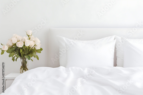 White bedding and bouquet of white roses on the bedside table.