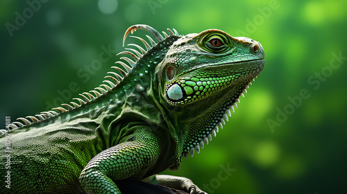 A green iguana is sitting on a branch in a lush green jungle, looking out at the world with its big, round eyes.