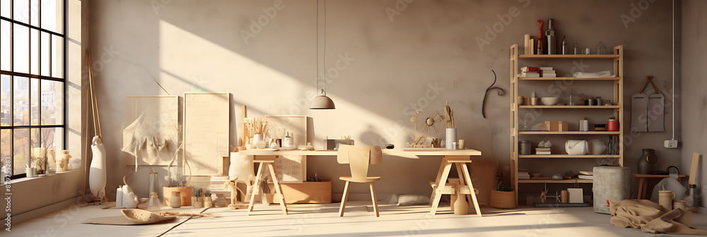 A sun-drenched, light-filled workspace with wooden furniture and shelving.
A sun-drenched, light-filled workspace with wooden furniture and shelving.