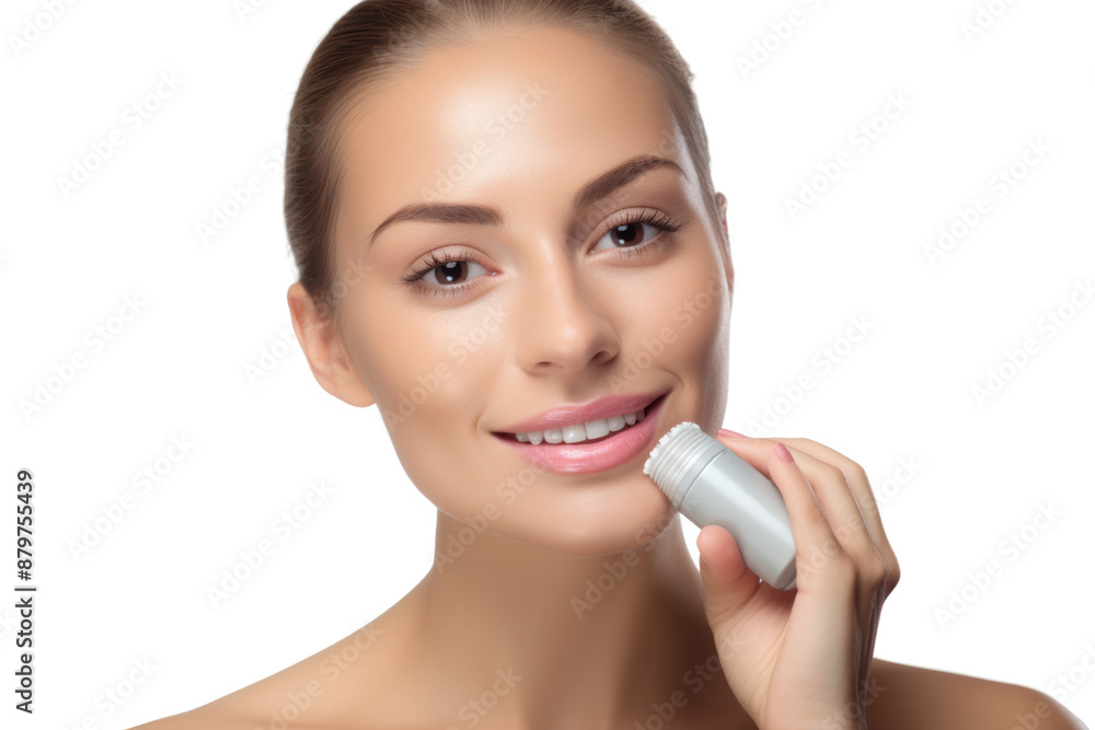 Close-up of a woman using a facial roller for skin care routine, highlighting her glowing complexion Isolated on white background Close-up of a woman using a facial roller for skin care routine, highlighting her glowing complexion Isolated on white background