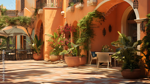 Sell your luxury resort with our stock image of a beautiful courtyard with orange walls, lush plants, and elegant furniture