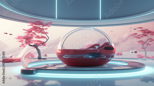 The image is of a futuristic bedroom with a large round bed, pink trees, and a large window looking out onto a pink landscape. The image is selling the idea of a luxurious and futuristic lifestyle.