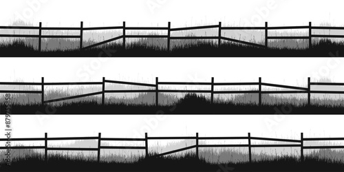Meadow silhouettes with grass and old wooden fence. Countryside, panoramic summer lawn rural landscape with herbs, weeds. Herbal border, frame element. Black horizontal banners. Vector illustration