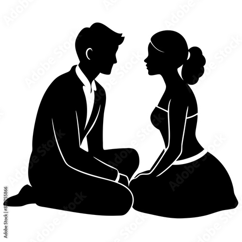 couple sitting on the ground silhouette vector art illustration