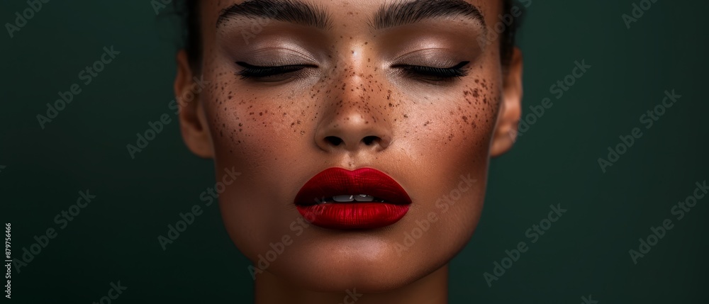 A woman with freckles on her face wears red lipstick and has freckle-inspired makeup A woman with freckles on her face wears red lipstick and has freckle-inspired makeup