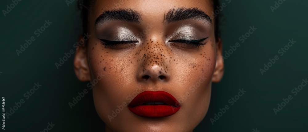 A tight shot of a woman's freckled face, her cheek bearing a smear of red lipstick A tight shot of a woman's freckled face, her cheek bearing a smear of red lipstick