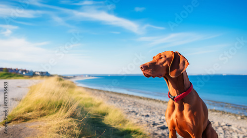 A Vizsla dog with a red collar is sitting on the beach, looking out at the blue sea on a sunny day photo