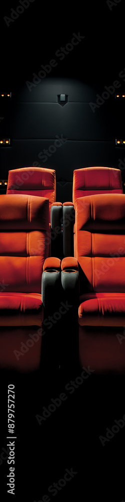 Fototapeta premium Two red plush cinema seats in a dark auditorium with a spotlight