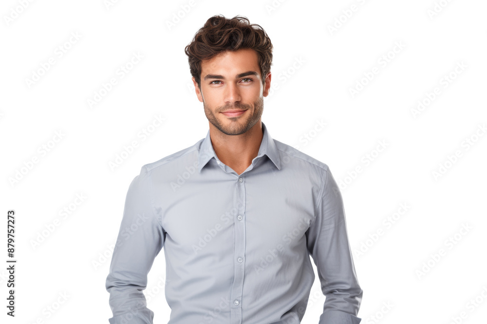 Fototapeta premium Confident young business professional with a pleasant expression, dressed in a crisp gray shirt. Isolated on white background