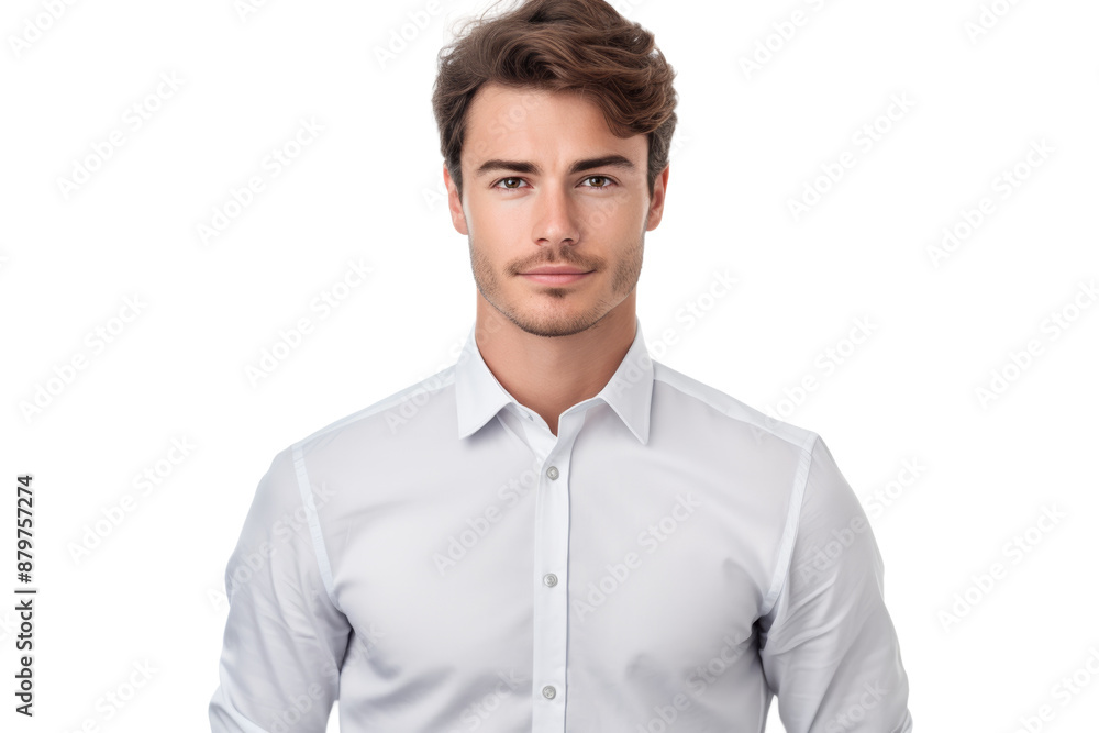 Confident young business professional with a pleasant expression, dressed in a crisp gray shirt. Isolated on white background Confident young business professional with a pleasant expression, dressed in a crisp gray shirt. Isolated on white background