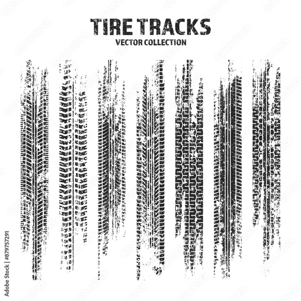 Grunge tire tracks, wheel braking marks. Truck, car or motorcycle tread pattern silhouettes. Auto race, motorsport, speed racing design element. Vector illustration Grunge tire tracks, wheel braking marks. Truck, car or motorcycle tread pattern silhouettes. Auto race, motorsport, speed racing design element. Vector illustration