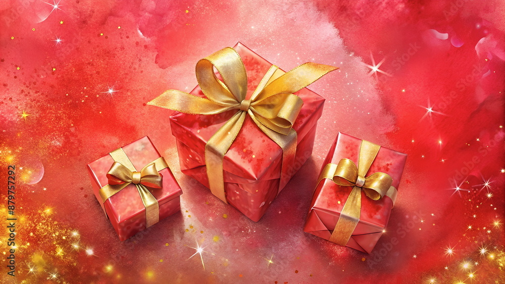 Christmas background banner template with copy space watercolor style red gold colors. Gift boxes and xmas decor top view on red gold sparkles background. Christmas background banner template with copy space watercolor style red gold colors. Gift boxes and xmas decor top view on red gold sparkles background.