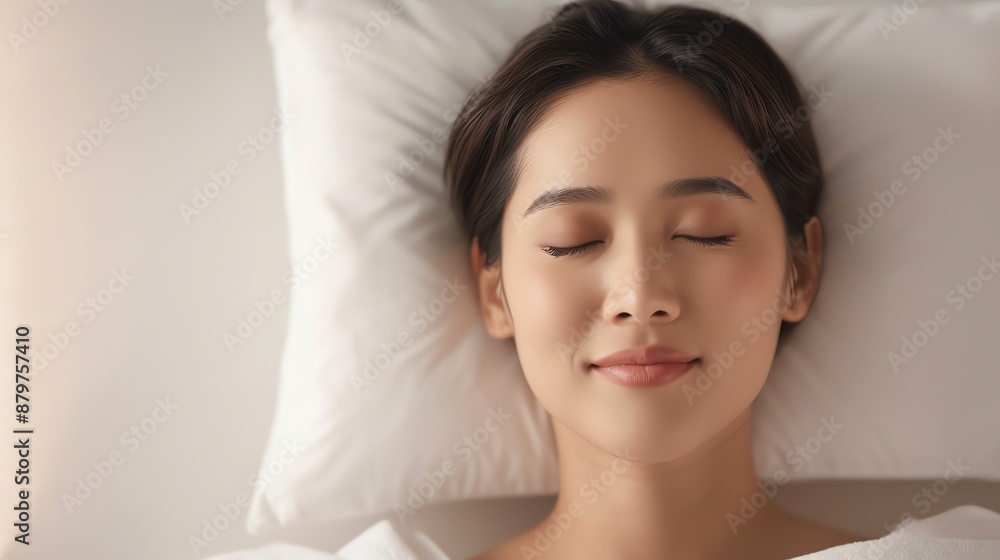 Woman peacefully sleeping in bed with cozy white pillow, promoting rest, relaxation, and tranquility. Perfect for wellness and lifestyle themes. Woman peacefully sleeping in bed with cozy white pillow, promoting rest, relaxation, and tranquility. Perfect for wellness and lifestyle themes.
