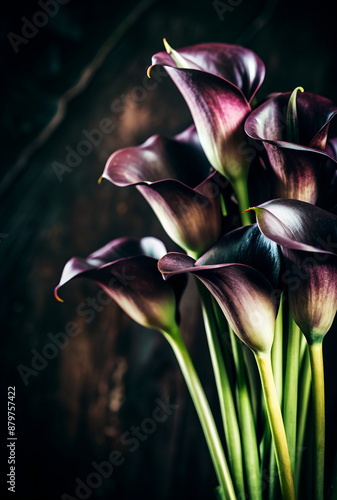 Purple calla flowers bouquet isolated on dark   background with copy space. Illustration Lily Flowers poster, floral card . photo