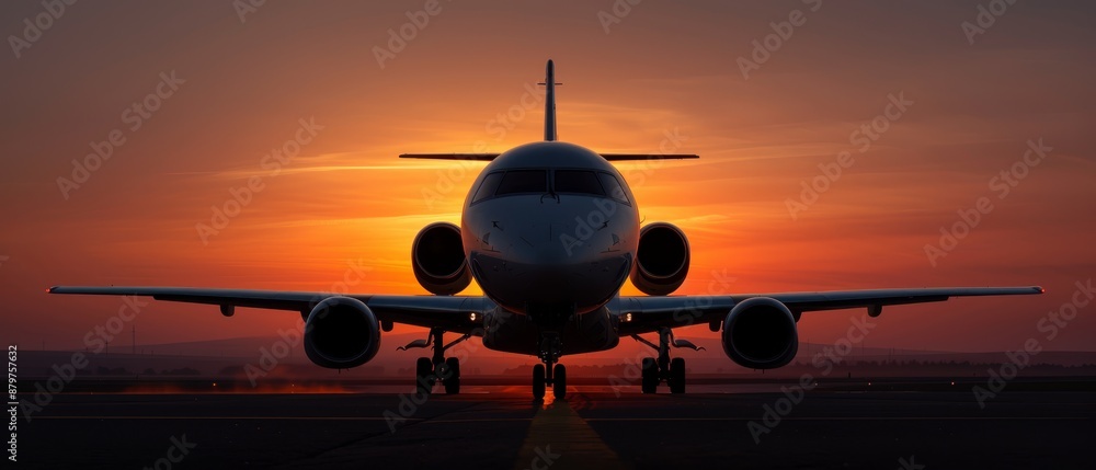 A large jetliner rests on an airport tarmac beneath a reddish-yellow sky, as the sun sets behind A large jetliner rests on an airport tarmac beneath a reddish-yellow sky, as the sun sets behind