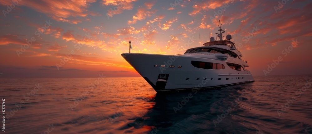 A large white boat floats in the center of a tranquil body of water as the sun sets, casting an orange and pink glow behind it A large white boat floats in the center of a tranquil body of water as the sun sets, casting an orange and pink glow behind it