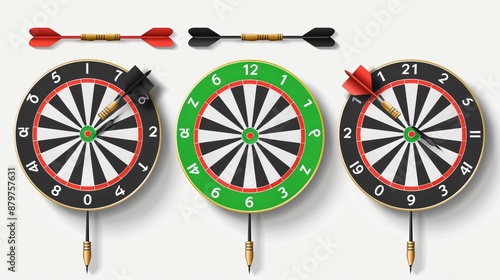 The image showcases three dartboards with darts, each dartboard representing a different score and configuration, ideal for themes related to games, precision, and fun. photo