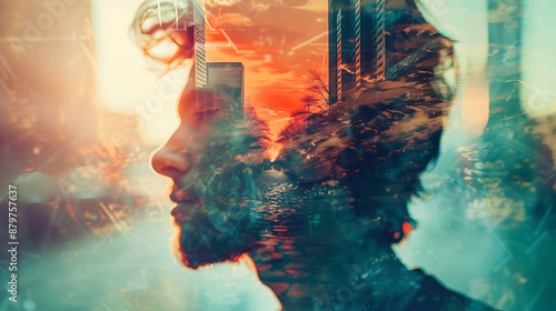 Double exposure portrait of a man and cityscape with a blend of warm and cool colors to convey a sense of urban isolation and disconnection from nature. photo