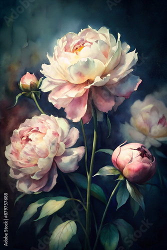 Watercolor peony flowers on dark background. Floral card. Poster