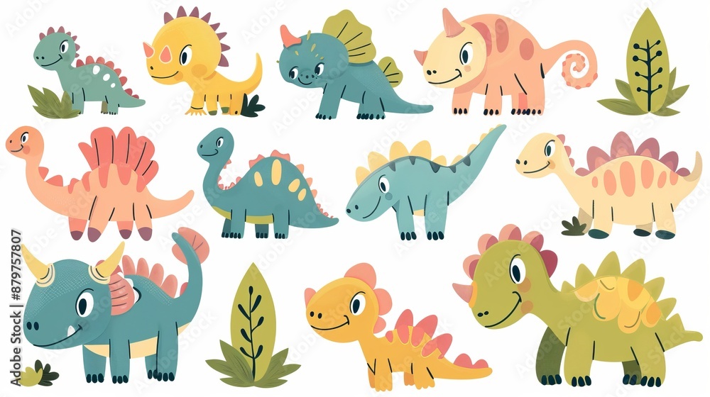 The image shows a collection of cute dinosaurs illustrated in a colorful and inviting cartoon style, perfect for children’s educational materials and playful themed designs. The image shows a collection of cute dinosaurs illustrated in a colorful and inviting cartoon style, perfect for children’s educational materials and playful themed designs.