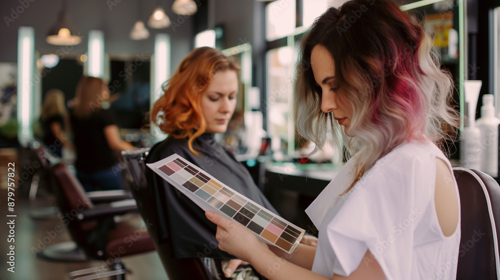 A young hairdresser selects the color of hair dye in a hairdressing salon A young hairdresser selects the color of hair dye in a hairdressing salon