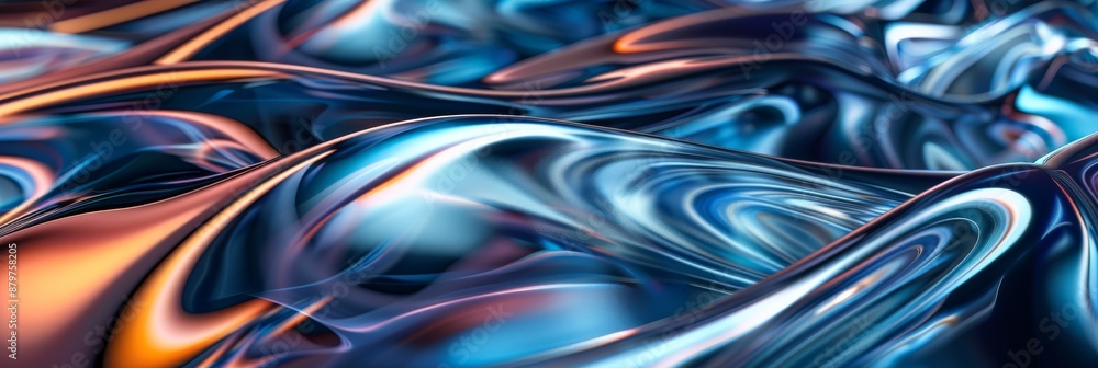 Artwork with vibrant metallic waves in blue and orange hues, created in an abstract fluid art style Artwork with vibrant metallic waves in blue and orange hues, created in an abstract fluid art style