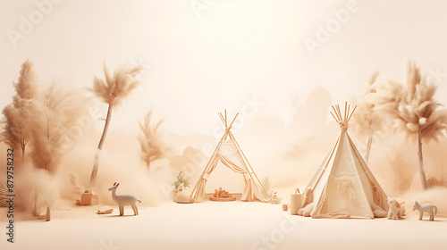 **3D rendering of a whimsical and serene desert oasis featuring teepees and adorable animal companions, bathed in warm, hazy sunlight.**