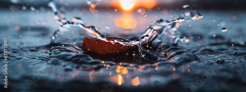  A leaf hovers above a still body of water, backdrop illuminated by a gentle light, a solitary droplet resting atop