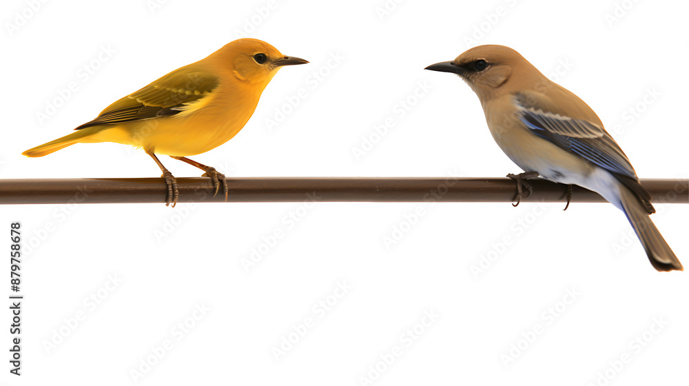 Two small birds of different species are perched on a branch looking at each other with curiosity and wonder in their eyes, set against a plain white background. Two small birds of different species are perched on a branch looking at each other with curiosity and wonder in their eyes, set against a plain white background.
