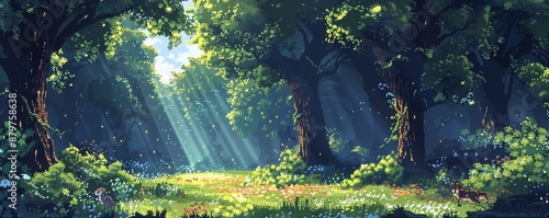 A pixel art rendition of a pixelated forest teeming with pixelated wildlife, their pixelated forms exploring the pixelated trees, with pixelated sunlight filtering through the pixelated canopy.