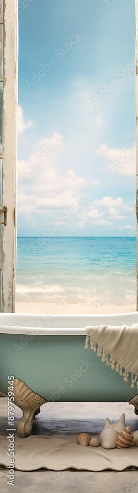 Fototapeta premium Bathtub with a view of the ocean, the perfect place to relax and escape life.