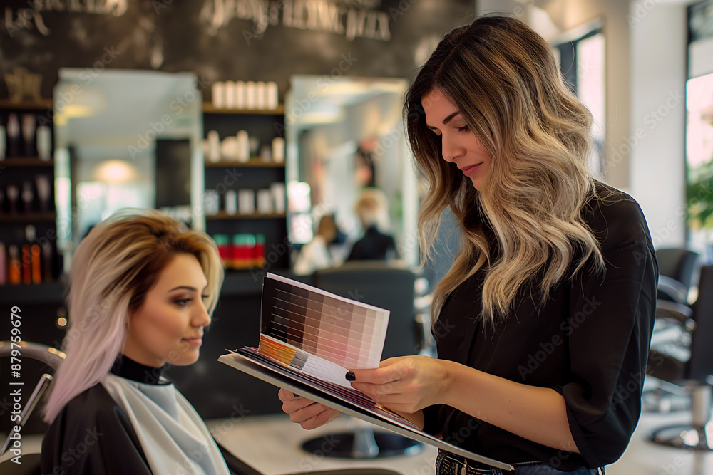 A young hairdresser selects the color of hair dye in a hairdressing salon. beauty salon A young hairdresser selects the color of hair dye in a hairdressing salon. beauty salon