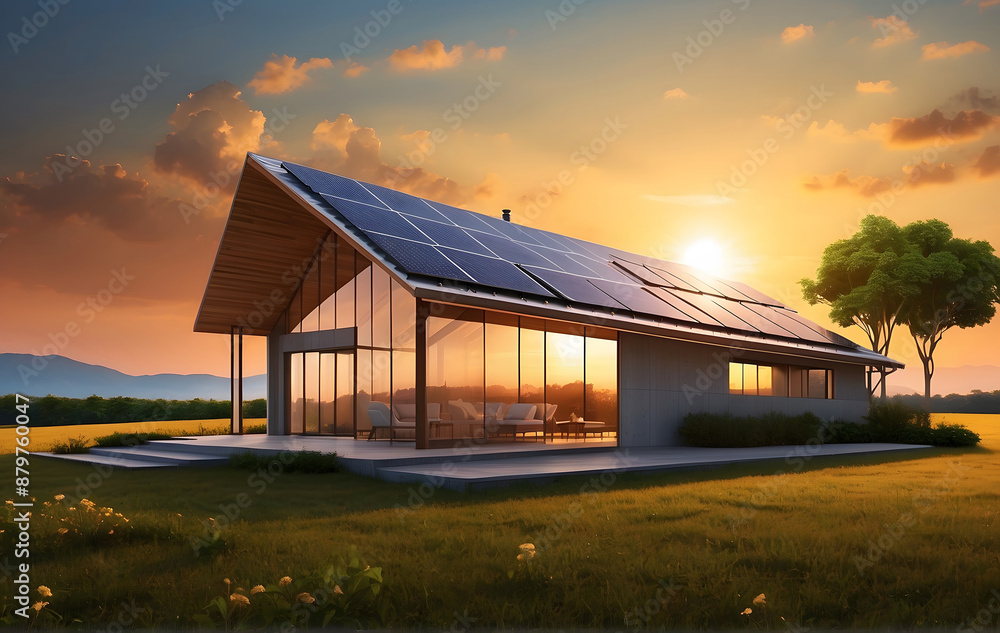 Eco-Friendly Home with Solar Panels Under the Sunset, Renewable Energy Concept Eco-Friendly Home with Solar Panels Under the Sunset, Renewable Energy Concept