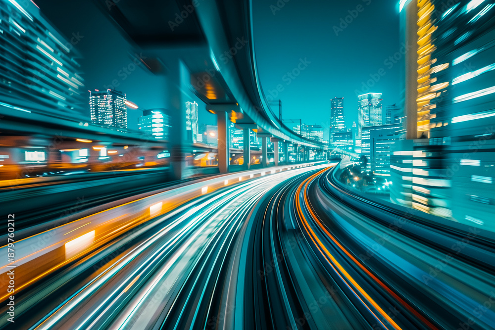 Naklejka premium Futuristic High-Speed Train with Blurred Light Trails in a Cityscape