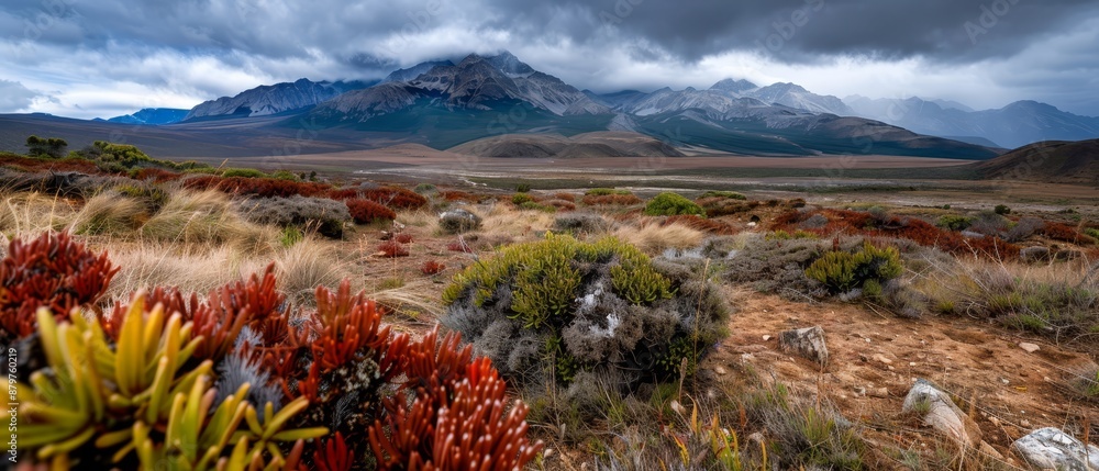 A mountain range backdrop with red and green flora in the foreground, cloud-filled sky overhead A mountain range backdrop with red and green flora in the foreground, cloud-filled sky overhead