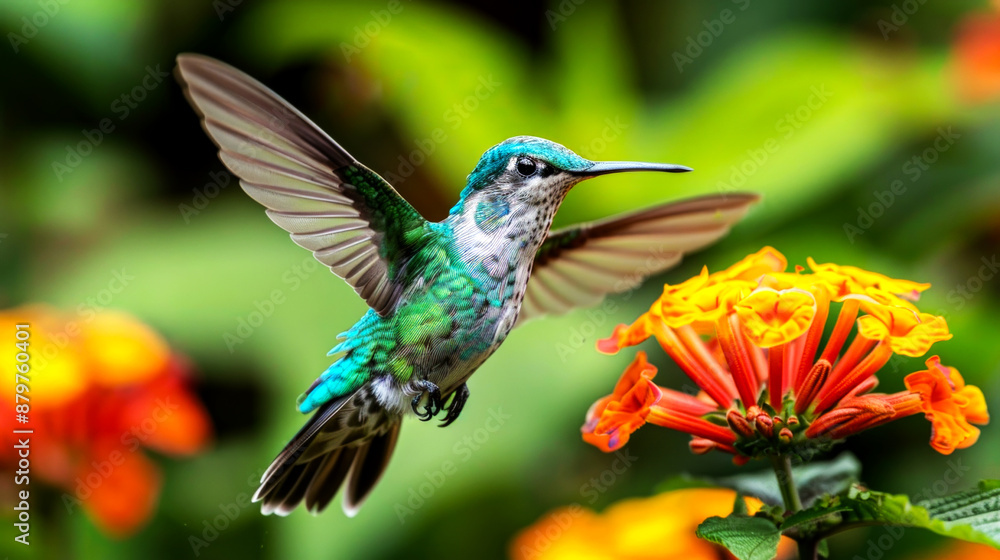 Obraz premium Hummingbirds fly eating pollen on a wide expanse of garden flowers, long beaks for sucking flower pollen, full of color