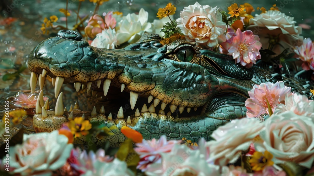 Flowers blooming in a crocodiles mouth, contrast of beauty and danger, realistic detail Flowers blooming in a crocodiles mouth, contrast of beauty and danger, realistic detail
