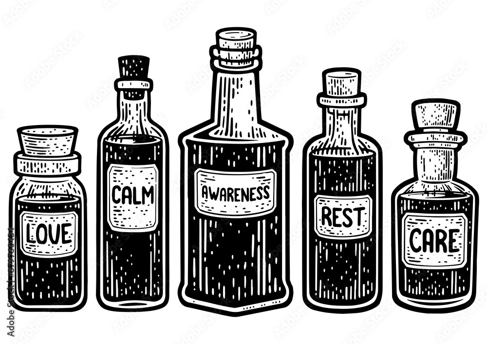 Medicine bottles with love calm rest care and awareness sketch engraving PNG illustration. Psychological drugs metaphor. Print design. Scratch board imitation. Black and white hand drawn image. Medicine bottles with love calm rest care and awareness sketch engraving PNG illustration. Psychological drugs metaphor. Print design. Scratch board imitation. Black and white hand drawn image.