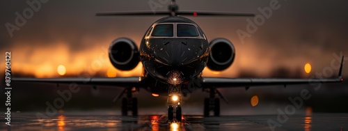  A tight shot of a plane on a runway, surrounded by numerous lights against a backdrop of a darkened sky