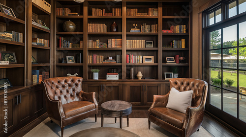 Um recanto de leitura confortável com cadeiras de couro elegantes e prateleiras de madeira rústicas em uma casa © vitor