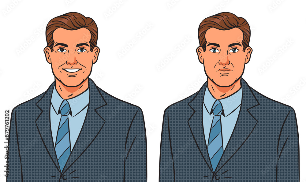 smiling happy and serious sad man businessman pop art retro PNG illustration. Comic book style imitation. smiling happy and serious sad man businessman pop art retro PNG illustration. Comic book style imitation.